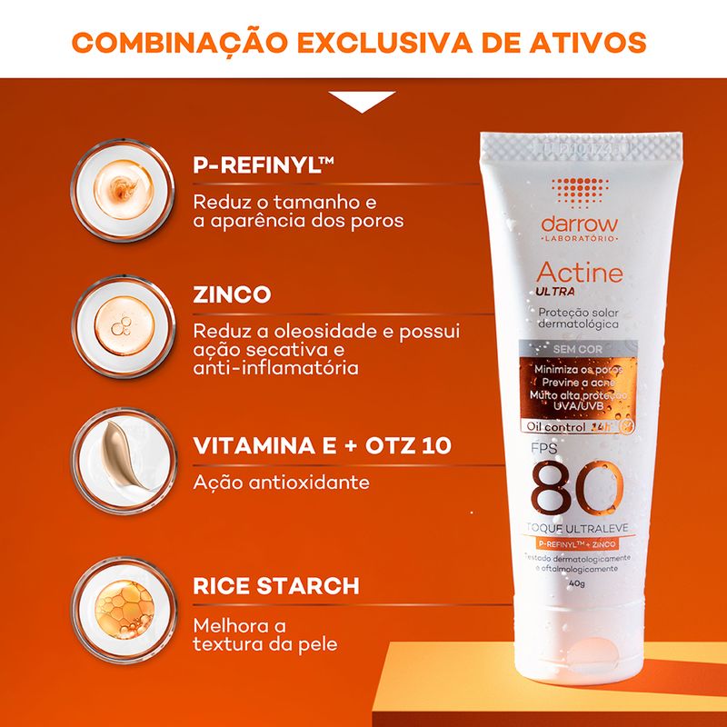 Protetor-Solar-Facial-Darrow-Actine-Ultra-Cor-Universal-FPS-80-40-g-Ativos-Principais