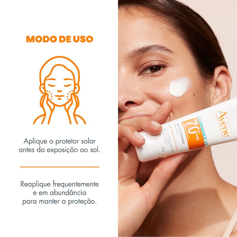 Protetor-Solar-Facial-Antioleosidade-Avene-Cleanance-UV-FPS-70-40-g-Modo-de-Uso