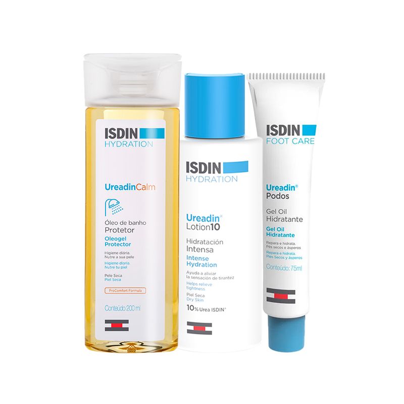 Kit-Isdin-Corporal-Ureadin---Oleo-de-Banho-Hidratante-200-ml---Locao-Hidratante-Corporal-100-ml---Creme-Hidratante-para-os-Pes-102-g-Vitrine