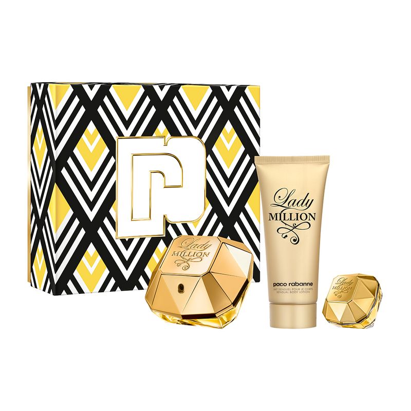 Kit-Perfume-Paco-Rabanne-Lady-Million-Feminino-Eau-de-Parfum-80-ml---Locao-Corporal-100-ml---Miniatura-5-ml-Vitrine