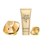 Kit-Perfume-Paco-Rabanne-Lady-Million-Feminino-Eau-de-Parfum-80-ml---Locao-Corporal-100-ml---Miniatura-5-ml-Produtos