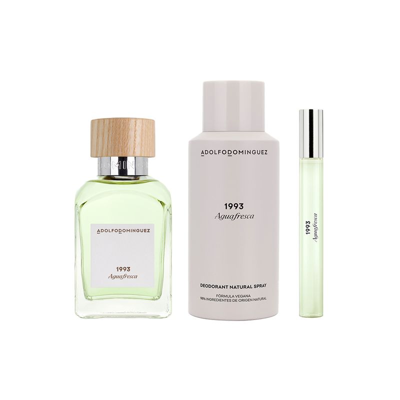 Kit-Perfume-Adolfo-Dominguez-Agua-Fresca-1993-Masculino-Eau-de-Toilette-120-ml---Desodorante-150-ml---Miniatura-10-ml-Produtos