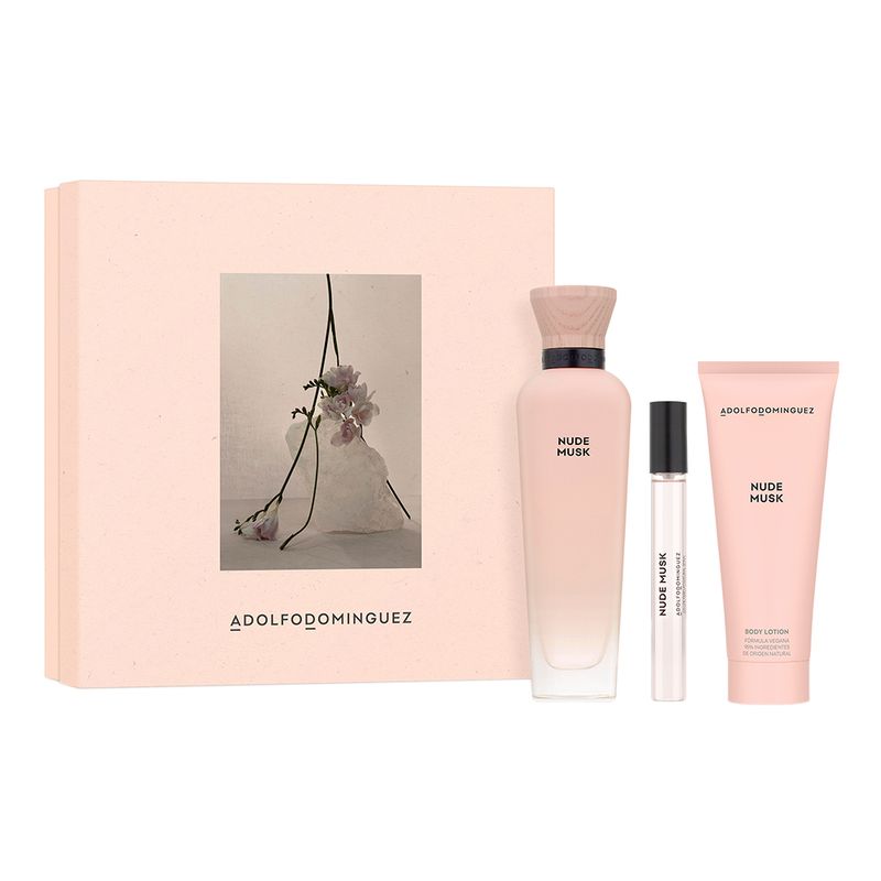 Kit-Perfume-Adolfo-Dominguez-Nude-Musk-Feminino-Eau-de-Parfum-120-ml---Locao-Corporal-75-ml---Miniatura-10-ml-Vitrine