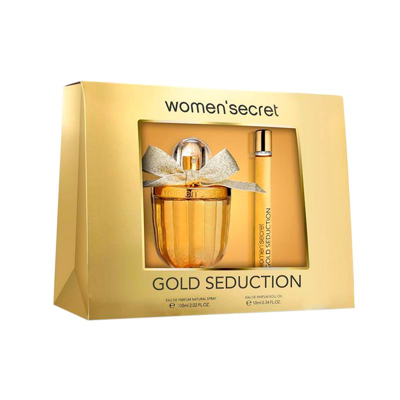 Kit-Perfume-Women-Secret-Gold-Seduction-Feminino-Eau-de-Parfum-100-ml---Roll-on-Miniatura-10-ml-Vitrine