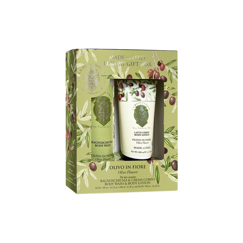 Kit-La-Florentina-Body-Care-Folha-de-Oliveira---Gel-de-Banho-500-ml---Locao-Corporal-200-ml-Vitrine