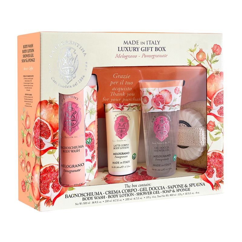 Kit-La-Florentina-Spa-Roma---Espuma-de-Banho-500-ml---Sabonete-em-Barra-106-g---Locao-Corporal-200-ml---Gel-de-Banho-250-ml---Esponja-Vitrine