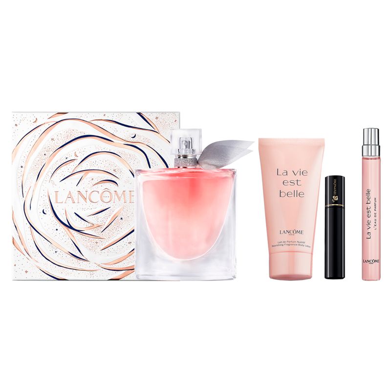 Kit-Perfume-Lancome-La-Vie-Est-Belle-Feminino-Eau-de-Parfum-100-ml---Miniatura-10-ml---Body-Lotion-50-ml---Mascara-de-Cilios-2-ml