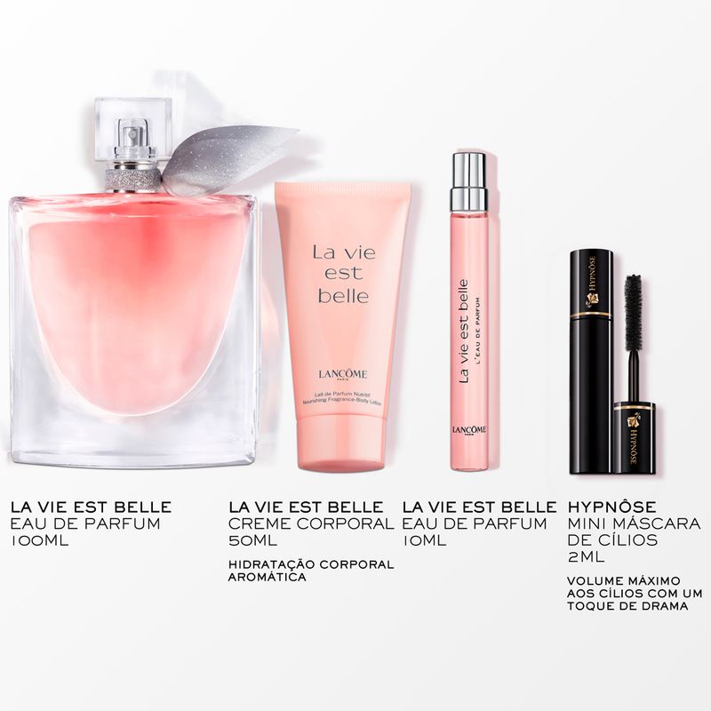 Kit-Perfume-Lancome-La-Vie-Est-Belle-Feminino-Eau-de-Parfum-100-ml---Miniatura-10-ml---Body-Lotion-50-ml---Mascara-de-Cilios-2-ml