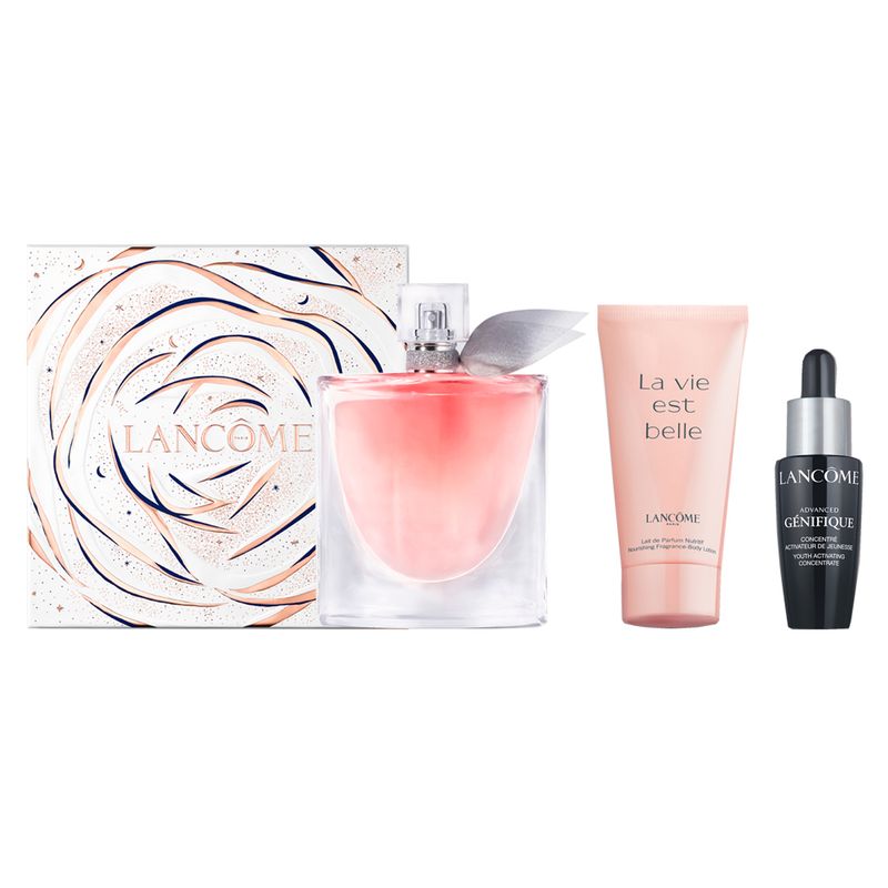 Kit-Perfume-Lancome-La-Vie-Est-Belle-Feminino-Eau-de-Parfum-50-ml---Creme-Corporal-50-ml---Serum-Genifique-10-ml