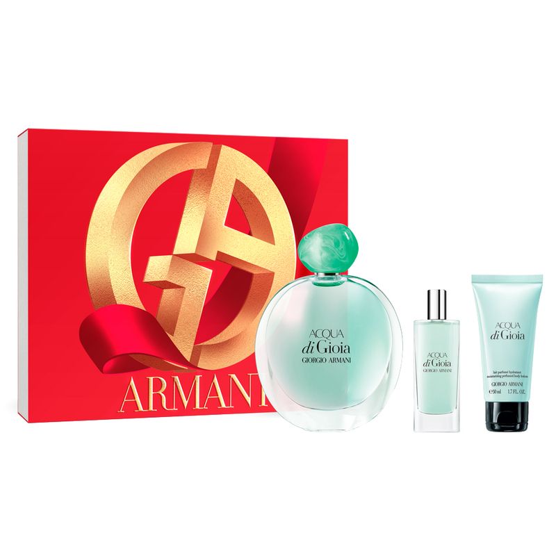 Kit-Perfume-Giorgio-Armani-Acqua-Di-Gioia-Feminino-Eau-de-Parfum-100-ml---Miniatura-15-ml---Locao-Corporal-50-ml