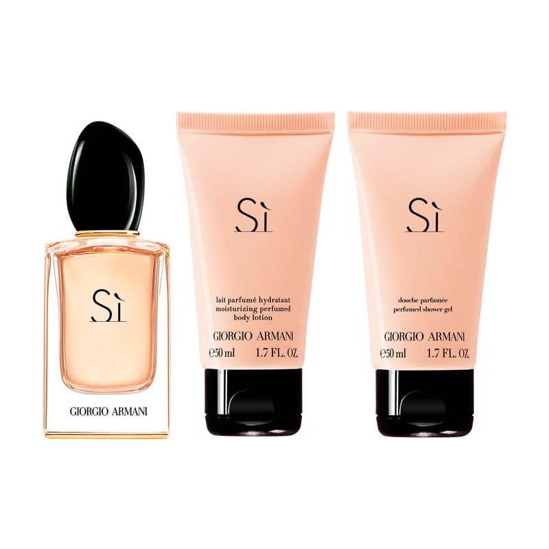 Kit-Perfume-Giorgio-Armani-Si-Feminino-Eau-de-Toilette-50-ml---Gel-de-Banho-50-ml---Locao-Corporal-50-ml