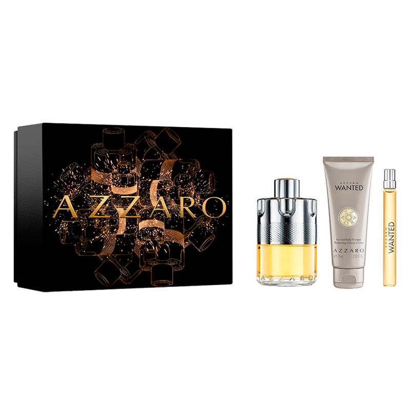 Kit-Perfume-Azzaro-Wanted-Masculino-Eau-de-Toilette-100-ml---Miniatura-10-ml---Gel-de-Banho-75-ml