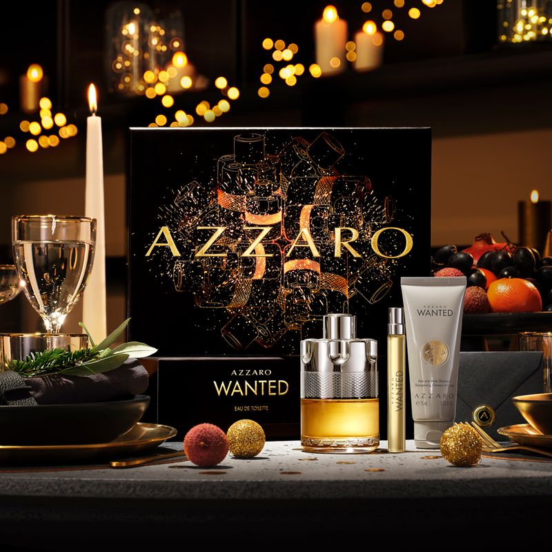 Kit-Perfume-Azzaro-Wanted-Masculino-Eau-de-Toilette-100-ml---Miniatura-10-ml---Gel-de-Banho-75-ml
