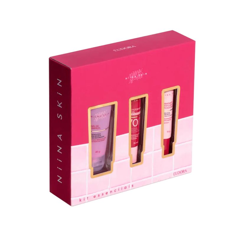 Kit-Eudora-Essenciais-Niina-Skin---Gel-de-Limpeza-30ml---Hidratante-Matificante-15g---Protetor-Solar-FPS-70-15ml