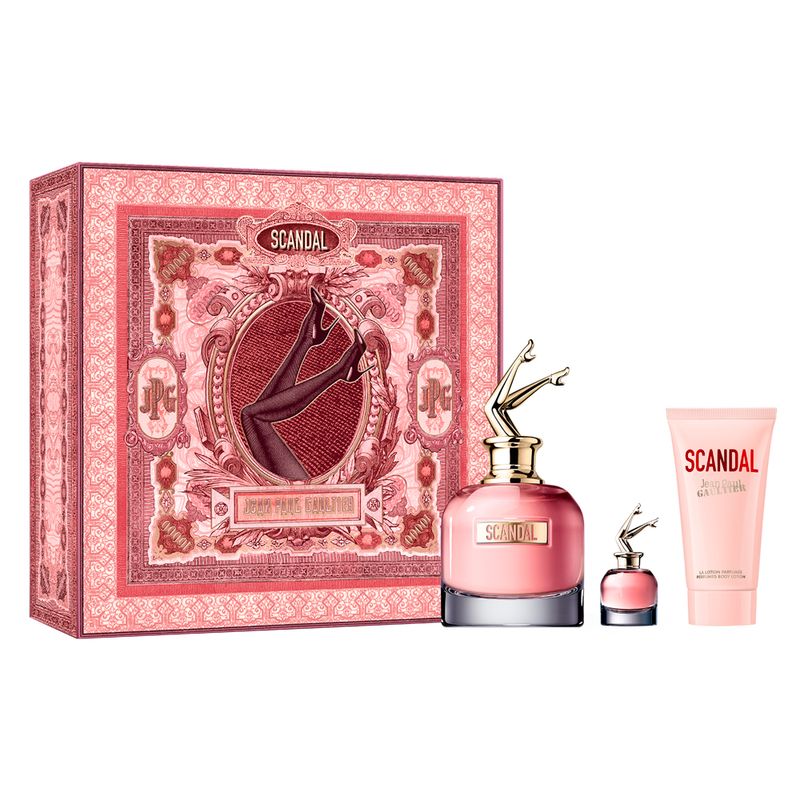 Kit-Perfume-Jean-Paul-Gaultier-Scandal-Feminino-Eau-de-Parfum-80-ml---Miniatura-6-ml---Locao-Corporal-75-ml