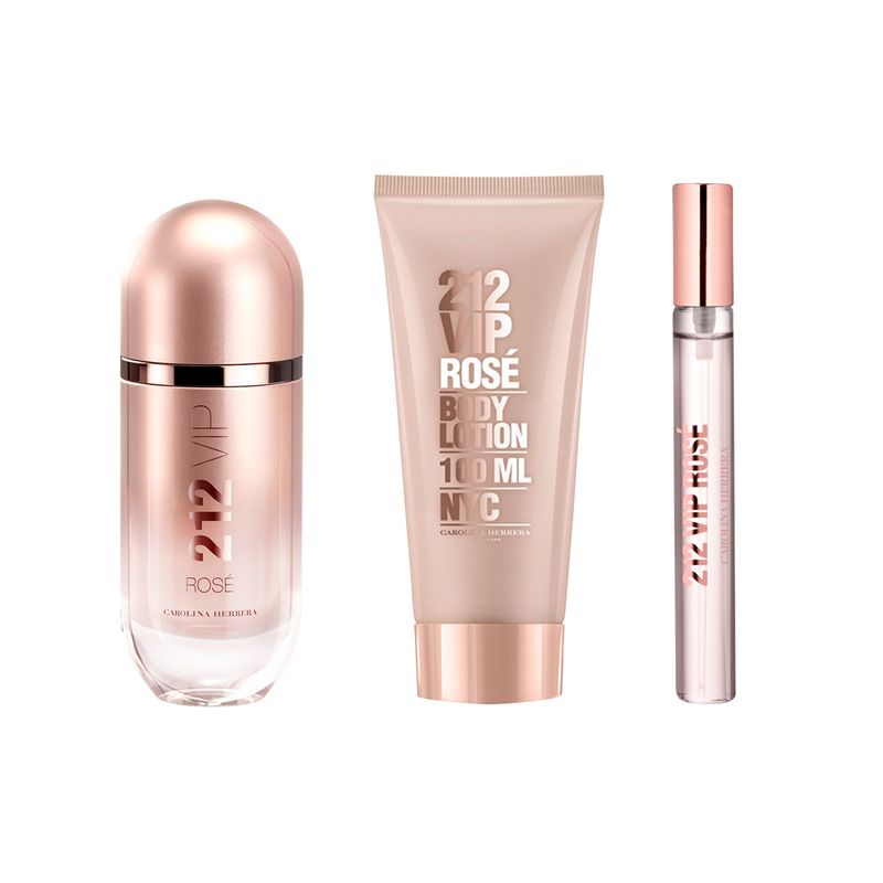 Kit-Perfume-Carolina-Herrera-212-Vip-Rose-Feminino-Eau-de-Parfum-80-ml---Locao-Corporal-100-ml---Miniatura-10-ml