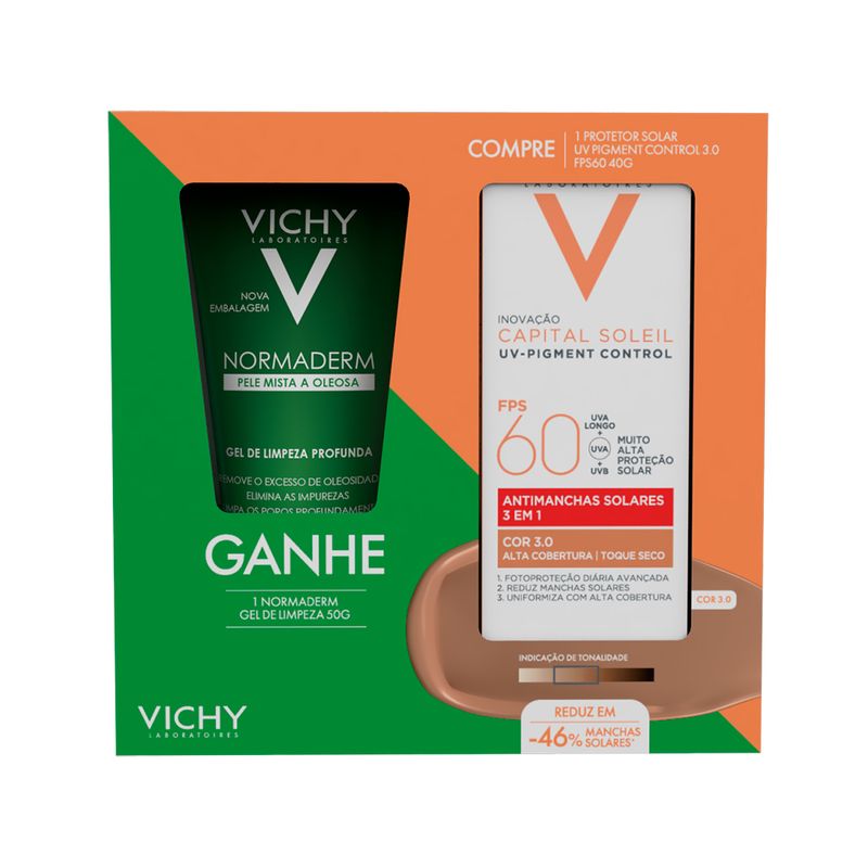 Kit-Facial-Vichy---Protetor-Solar-Facial-Capital-Soleil-UV-Pigment-Control-FPS60-Cor-3.0-40g---Gel-de-Limpeza-Normaderm-50g