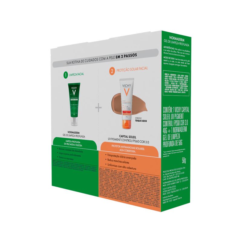 Kit-Facial-Vichy---Protetor-Solar-Facial-Capital-Soleil-UV-Pigment-Control-FPS60-Cor-3.0-40g---Gel-de-Limpeza-Normaderm-50g