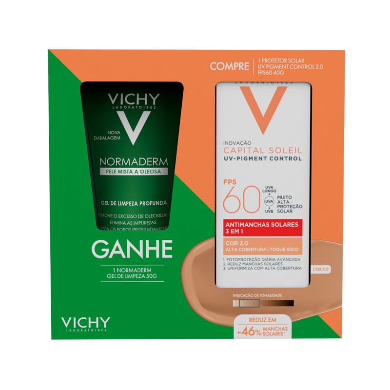 Kit-Facial-Vichy---Protetor-Solar-Facial-Capital-Soleil-Uv-Pigment-Control-FPS60-Cor-2.0-40g---Gel-De-Limpeza-Normaderm-50g