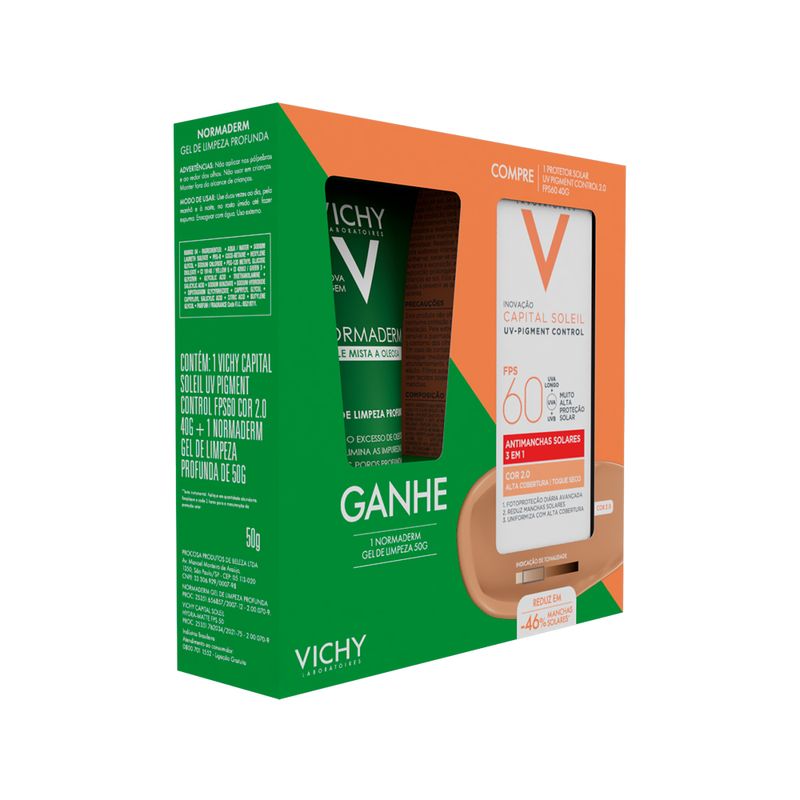 Kit-Facial-Vichy---Protetor-Solar-Facial-Capital-Soleil-Uv-Pigment-Control-FPS60-Cor-2.0-40g---Gel-De-Limpeza-Normaderm-50g