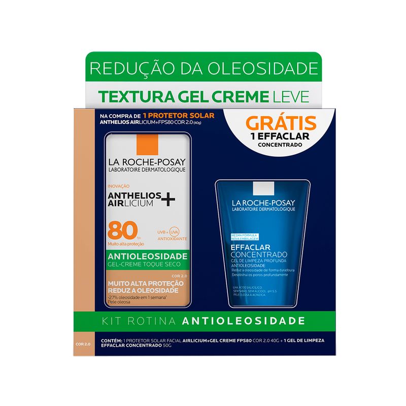 Kit-Facial-La-Roche-Posay---Protetor-Solar-Facial-Antioleosiade-Anthelios-Airlicium-FPS80-Cor-2.0-40g--Gel-de-Limpeza-Effaclar-Concentrado-50g