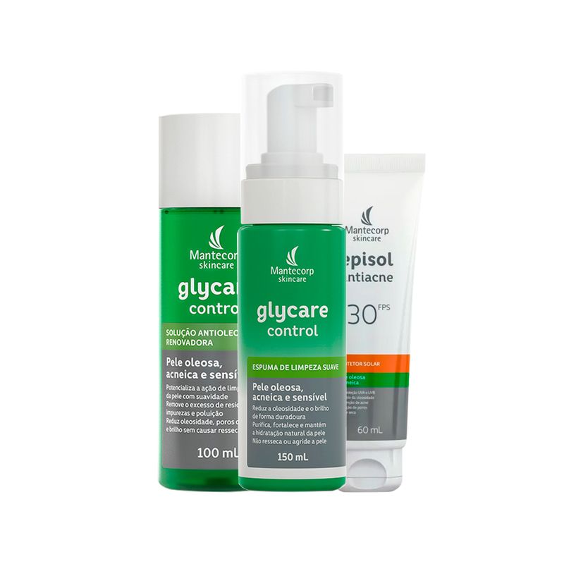 Kit-Facial-Mantecorp-Antiacne---Protetor-Solar-Episol-Antiacne-Fps-30-60ml---Espuma-de-Limpeza-150ml---Solucao-Antioleosidade-100ml
