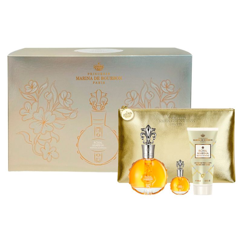 Kit-Perfume-Marina-De-Bourbon-Royal-Diamond-Eau-de-Parfum-Feminino-100ml--Locao-Corporal-100ml--Miniatura-20-Ml---Necessaire