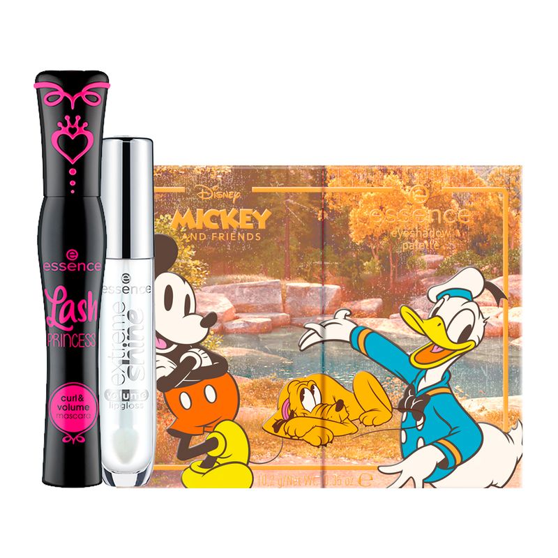 Kit-Essence---Paleta-de-Sombra-em-Po-102-g---Gloss-Labial-Liquido-Cintilante-5-ml---Mascara-para-Cilios-Curvado-12-ml