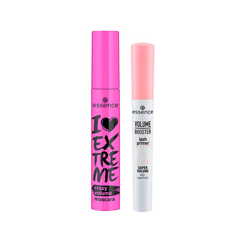 Kit-Cilios-Extra-Volumosos-Essence---Mascara-Para-Cilios-Preta-12-ml---Booster-Primer-De-Cilios-Branco-7-ml
