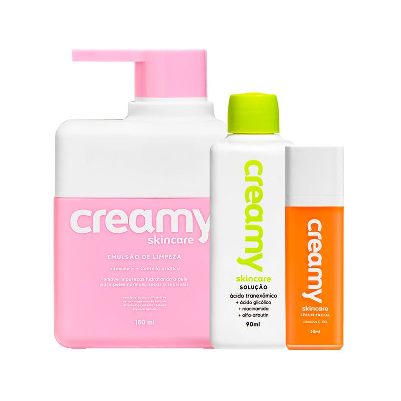 Kit-Facial-Creamy---Acido-Tranexamico-90-ml---Emulsao-De-Limpeza-180ml---Serum-Facial-Vitamina-C-30-ml