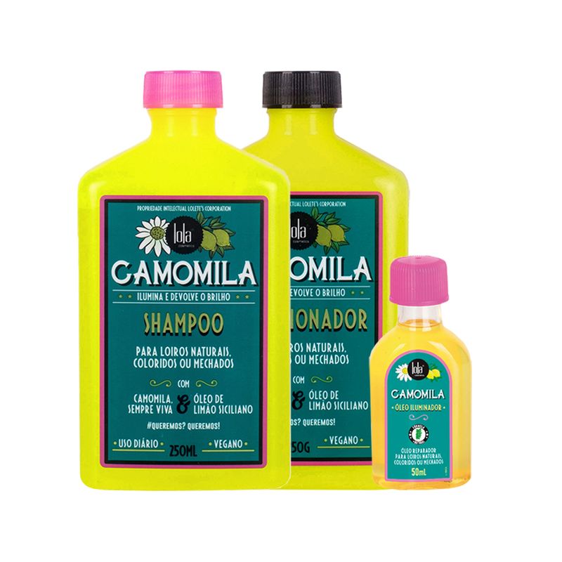 Kit-Lola-Cosmetics-Camomila---Shampoo-250ml---Condicionador-250g---Oleo-Capilar-Iluminador-50ml