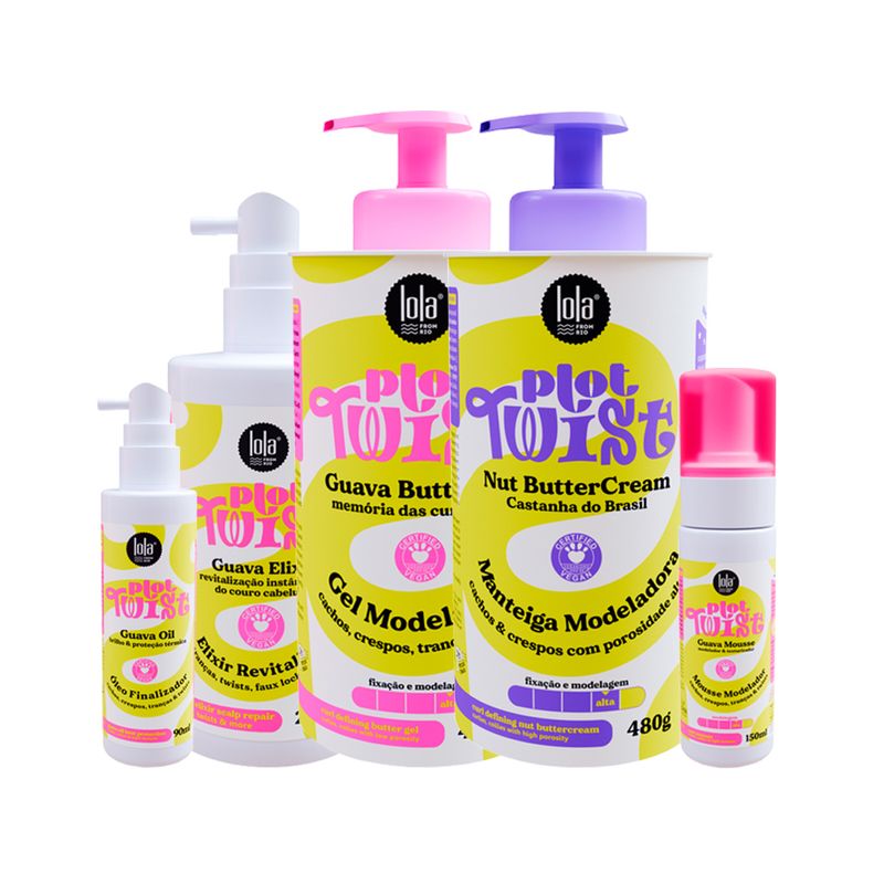 Kit-Lola-Cosmetics-Plot-Twist---Oleo-Capilar-90-Ml--Mousse-150ml---Elixir-Revitalizador-200ml---Gel-Modelador-480g---Manteiga-Modeladora-480g