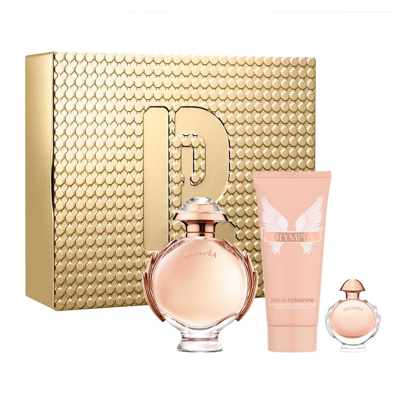 Kit-Perfume-Paco-Rabanne-Olympea-Feminino-Eau-de-Parfum-80ml---Creme-Corporal-100ml---Miniatura-6ml