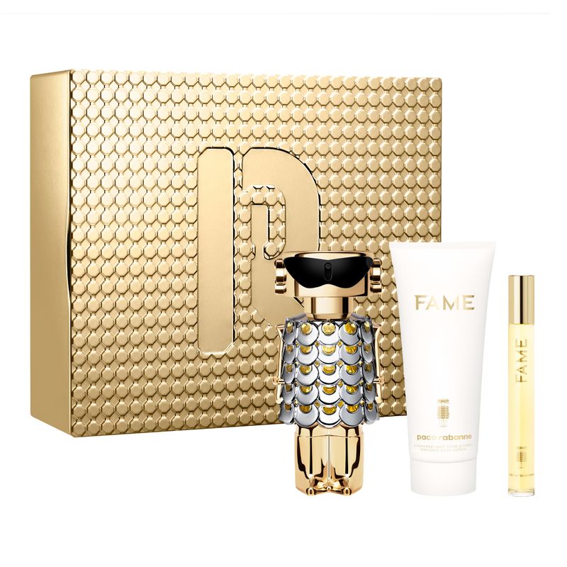 Kit-Perfume-Paco-Rabanne-Fame-Feminino-Eau-de-Parfum-80ml---Creme-Corporal-100ml--Miniatura-10ml