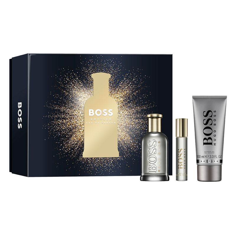 Kit-Perfume-Hugo-Boss-Bottled-Eau-de-Parfum-Masculino-100ml---Miniatura-10ml---Gel-De-Banho-100ml