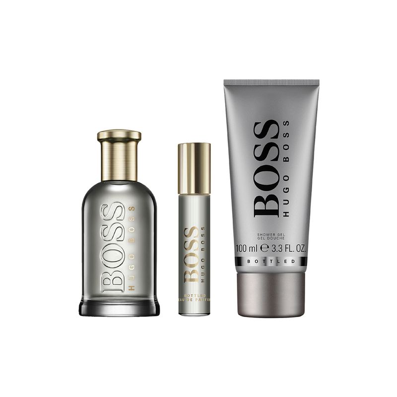 Kit-Perfume-Hugo-Boss-Bottled-Eau-de-Parfum-Masculino-100ml---Miniatura-10ml---Gel-De-Banho-100ml