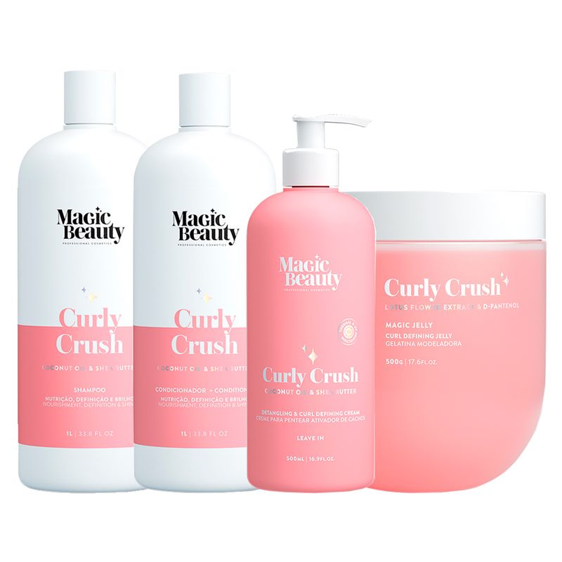 Kit-Magic-Beauty-Curly-Crush---Shampoo-1000ml---Condicionador-1000ml--Creme-Para-Pentear-E-Ativador-500ml---Gelatina-Modeladora-Magic-Jelly-500g