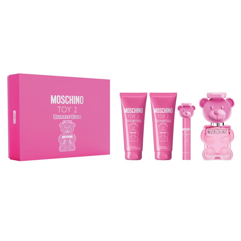Perfume-Moschino-Toy-2-Bubble-Gum-Wom-Eau-de-Toilette-100-ml---Miniatura-10-ml---Gel-de-Banho-100-ml---Locao-Corporal-100-ml
