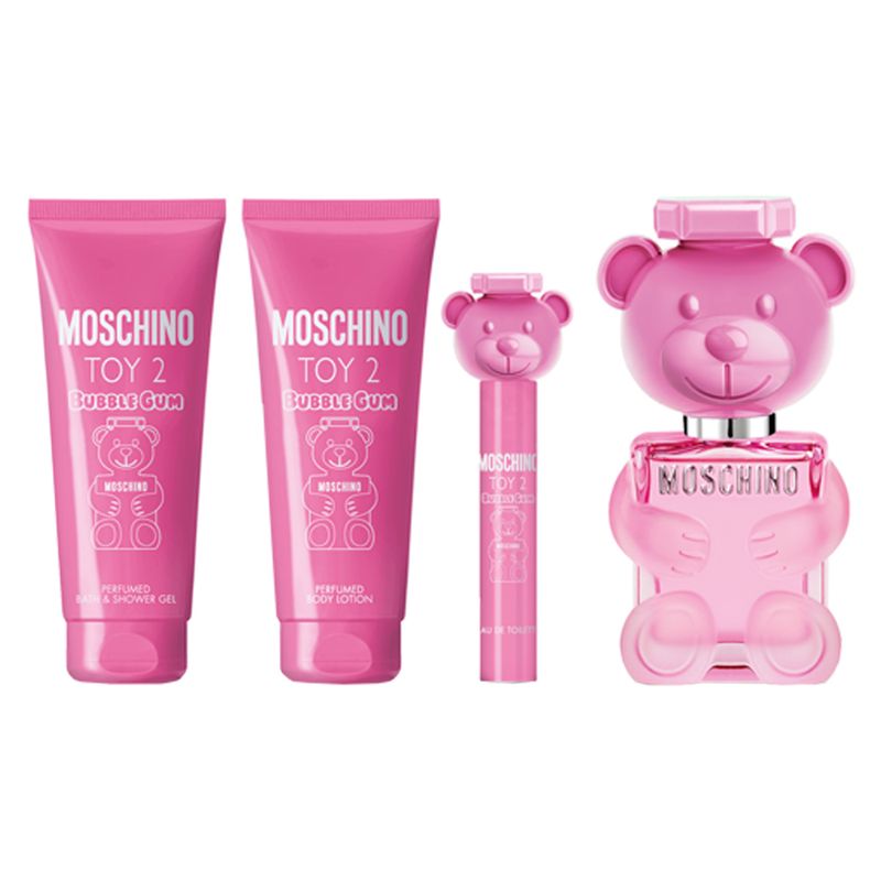 Perfume-Moschino-Toy-2-Bubble-Gum-Wom-Eau-de-Toilette-100-ml---Miniatura-10-ml---Gel-de-Banho-100-ml---Locao-Corporal-100-ml