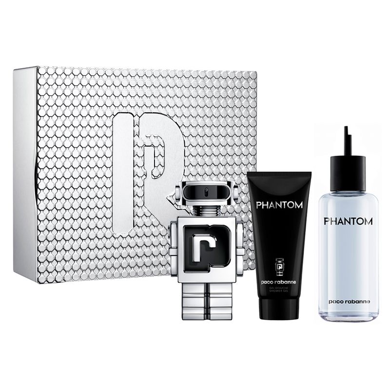Kit-Perfume-Paco-Rabanne-Phantom-Masculino-Eau-de-Toilette-100-ml-Refil---Gel-de-Banho-100-ml---Perfume-200-ml-Refil