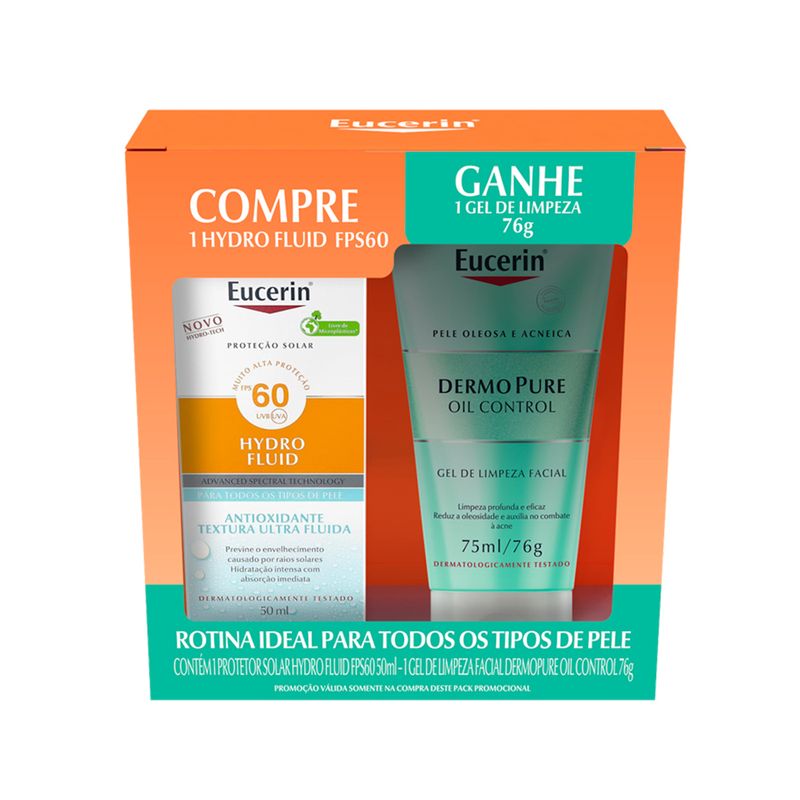 Kit-Protetor-Solar-Facial-Eucerin-Sun-Hydro-Fluid-FPS60-50-ml---Gel-de-Limpeza-DermoPure-Oil-Control-75-ml