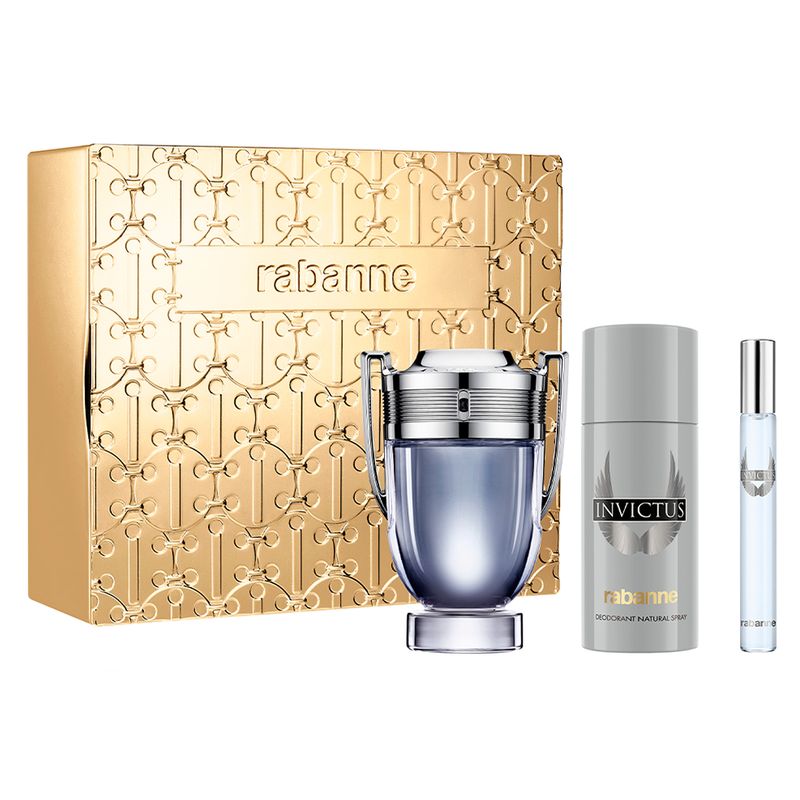 Kit-Perfume-Rabanne-Invictus-Eau-de-Toilette-Masculino-100-ml---Desodorante-150-ml---Miniatura-10-ml
