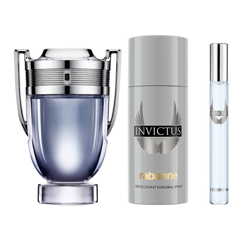 Kit-Perfume-Rabanne-Invictus-Eau-de-Toilette-Masculino-100-ml---Desodorante-150-ml---Miniatura-10-ml