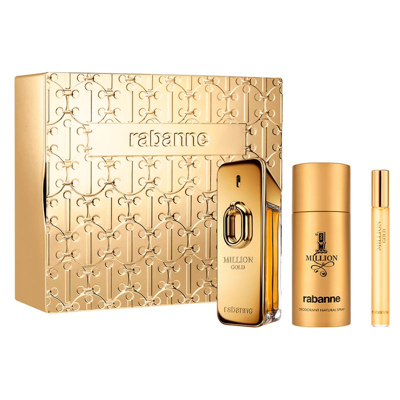 Kit-Perfume-Rabanne-Million-Gold-Eau-de-Parfum-Intense-100-ml-Masculino---Desodorante-1-Million-150-ml---Miniatura-10-ml