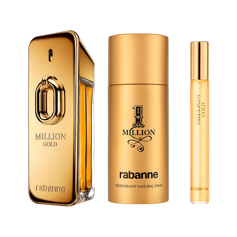 Kit-Perfume-Rabanne-Million-Gold-Eau-de-Parfum-Intense-100-ml-Masculino---Desodorante-1-Million-150-ml---Miniatura-10-ml