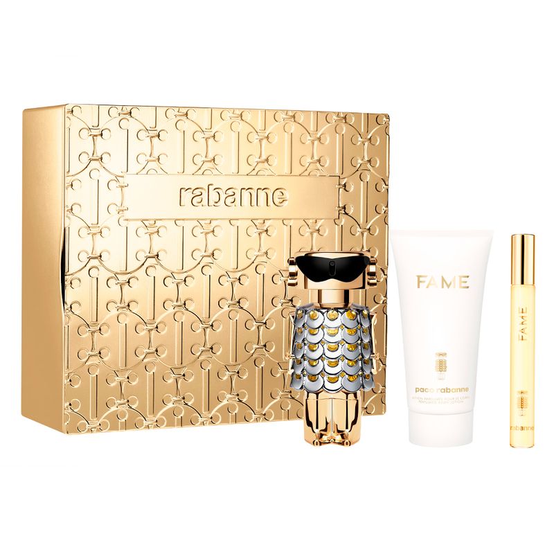 Kit-Rabanne-Fame-Eau-de-Parfum-Feminino-50-ml---Creme-Corporal-75-ml---Miniatura-10-ml