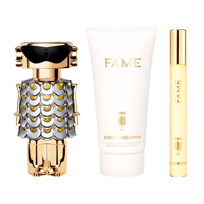 Kit-Rabanne-Fame-Eau-de-Parfum-Feminino-50-ml---Creme-Corporal-75-ml---Miniatura-10-ml