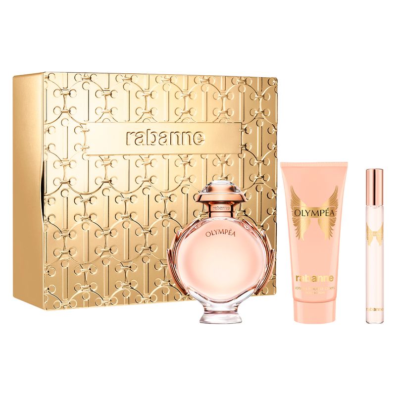 Kit-Perfume-Rabanne-Kit-Olympea-Eau-de-Parfum-Feminino-80-ml---Creme-Corporal-Sensual-100-ml---Miniatura-10-ml
