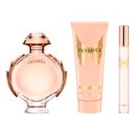 Kit-Perfume-Rabanne-Kit-Olympea-Eau-de-Parfum-Feminino-80-ml---Creme-Corporal-Sensual-100-ml---Miniatura-10-ml