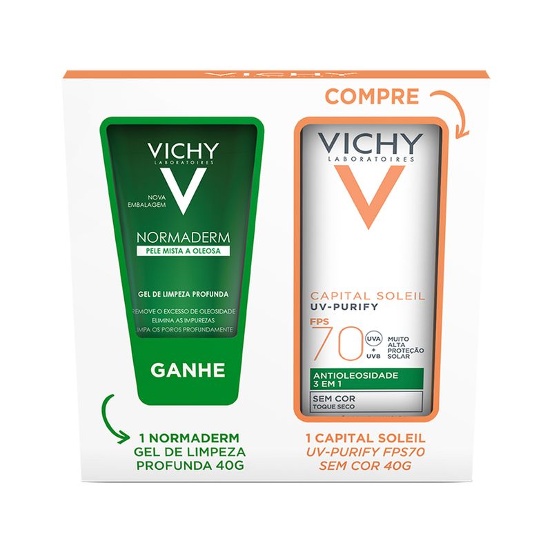 Kit-Protetor-Solar-Facial-Vichy-Capital-Soleil-UV-Purify-FPS70-sem-Cor-40-g---Gel-de-Limpeza-Normaderm-40-g